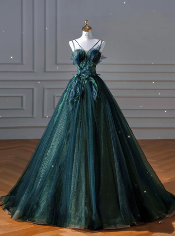 Ball Gown Strapless Green Tulle Long Evening Gowns Prom Dresses SD1830 HZ0628